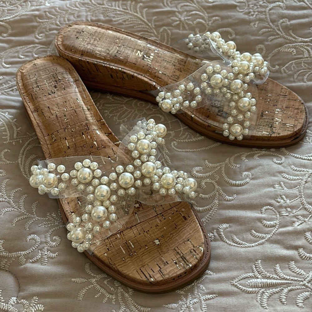 Anne Klein Clear Pearl-Embellished Cork Slide Sandals - Ivory Pearls